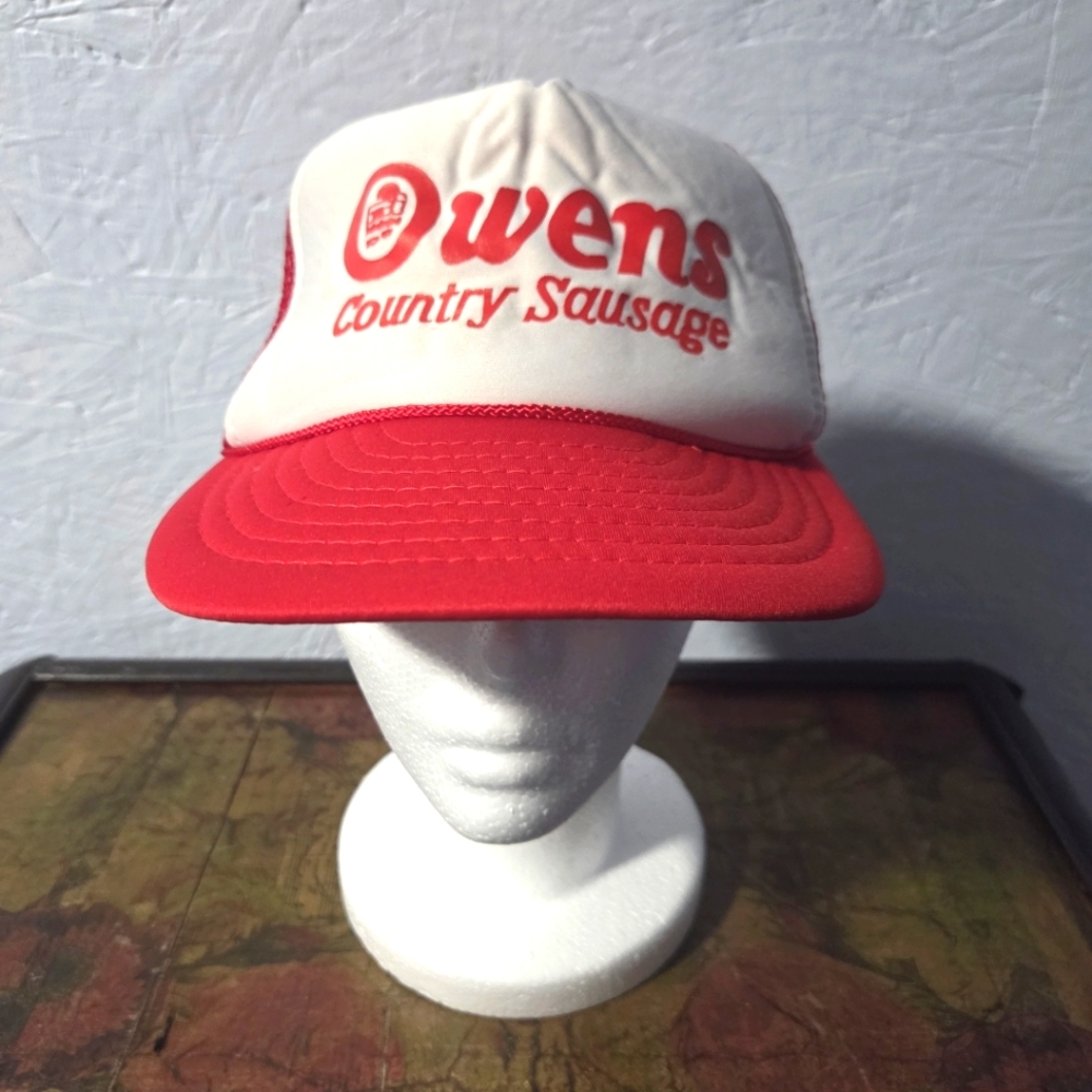 Vintage 80s Owens Country Sausage Red & White Trucker Cap